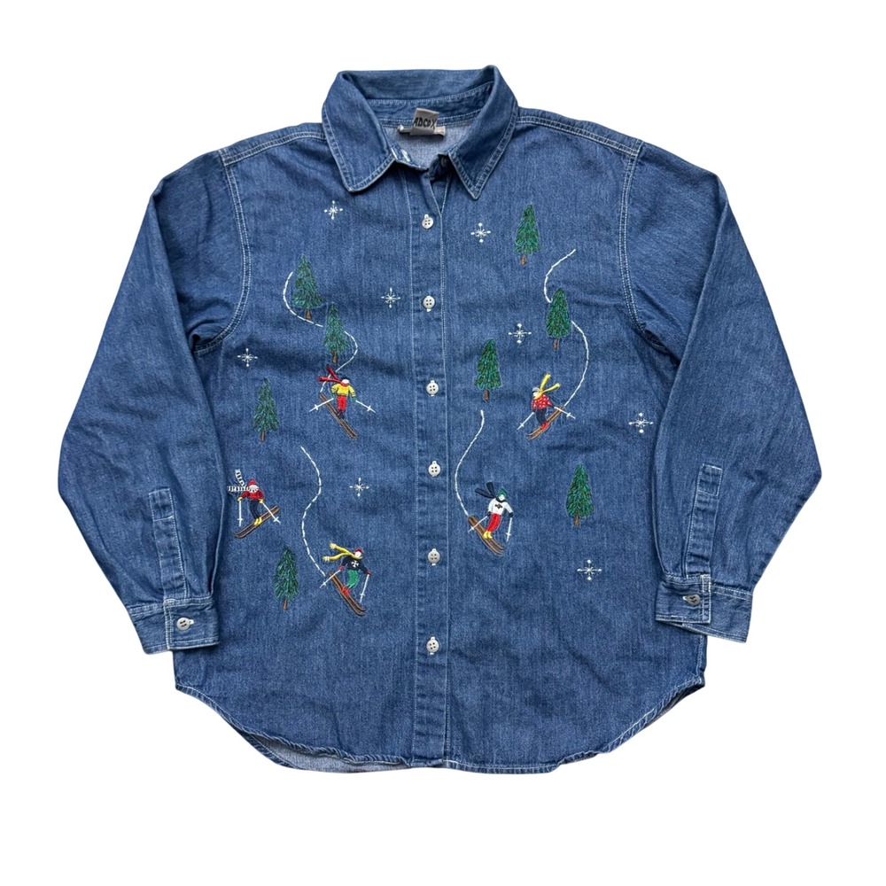 Vintage Capacity Embroidered Skiing Winter Pine Trees Denim Button Shirt M